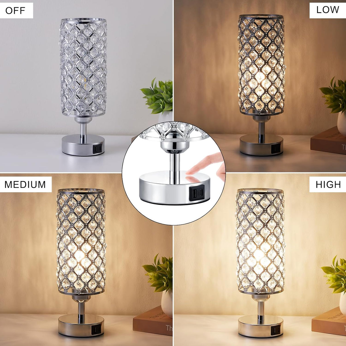 Pink Crystal Table Lamp, 3 Way Dimmable Touch Lamps for Night Stands