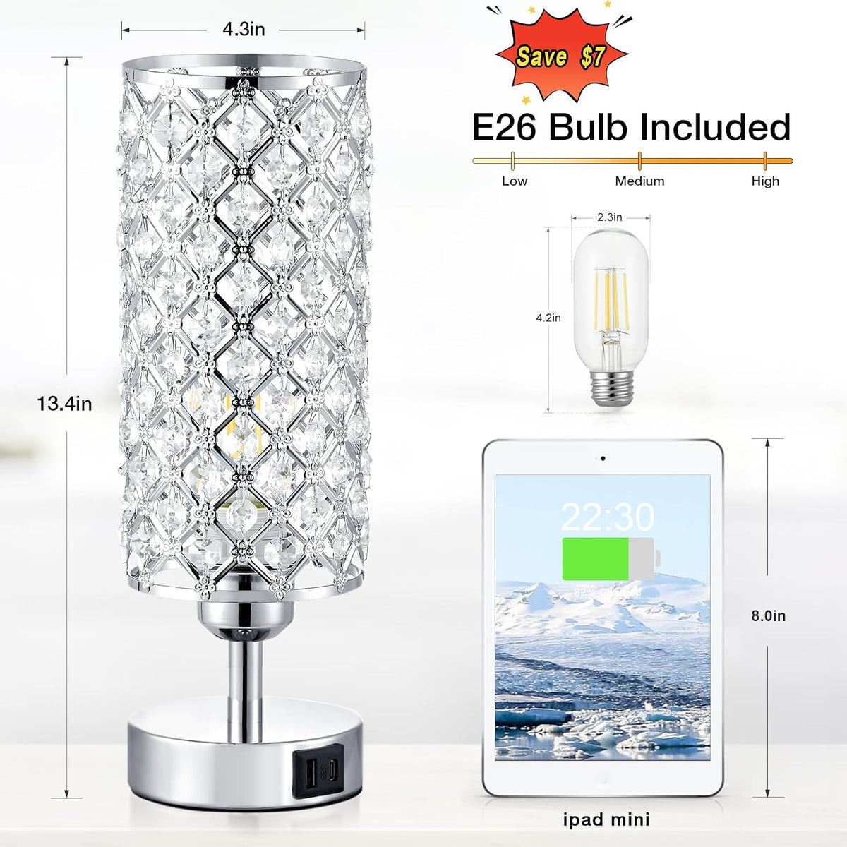 Pink Crystal Table Lamp, 3 Way Dimmable Touch Lamps for Night Stands