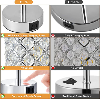 Pink Crystal Table Lamp, 3 Way Dimmable Touch Lamps for Night Stands