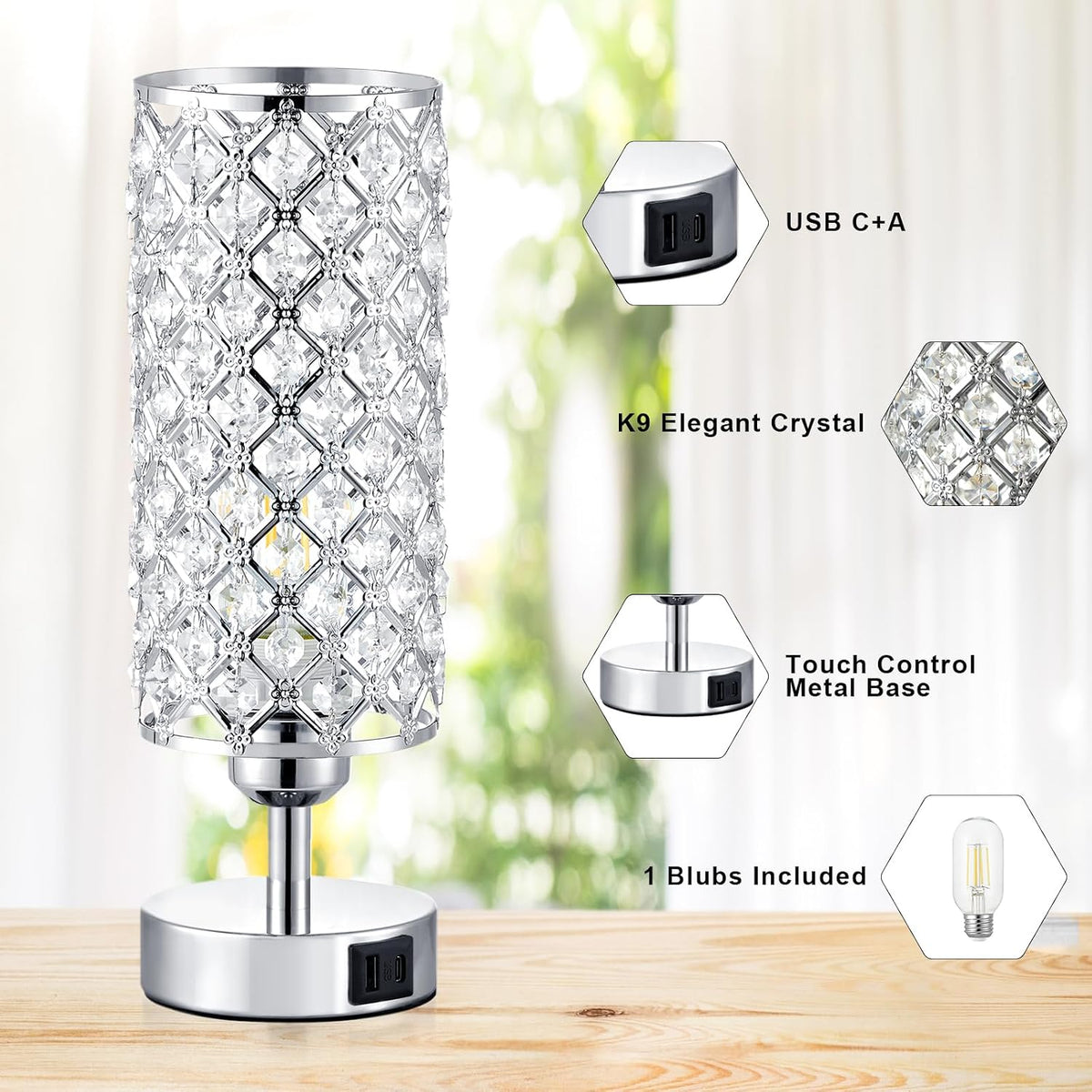 Pink Crystal Table Lamp, 3 Way Dimmable Touch Lamps for Night Stands