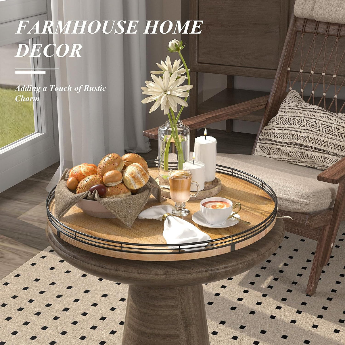 Farmhouse Oak 9" Lazy Susan Turntable Organizer for Cabinet, Round Wooden Lazy Susan Organization and Storage for Dining Table, Pantry, Kitchen, Countertop, Cupboard,Home Decor, Walnut Wood