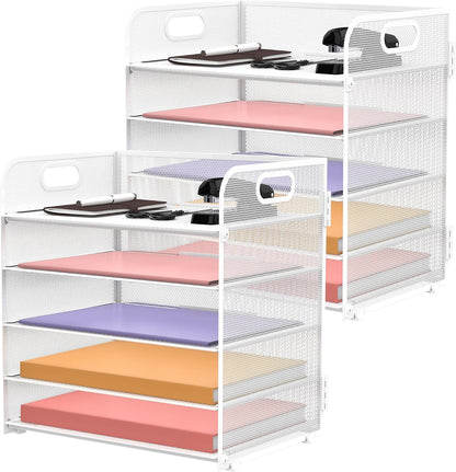 Supeasy 5 Trays Paper Organizer Letter Tray with Handle-Mesh Desk File Holders, Paper Sorter Desk Organizer for Office, Home, Classroom or School