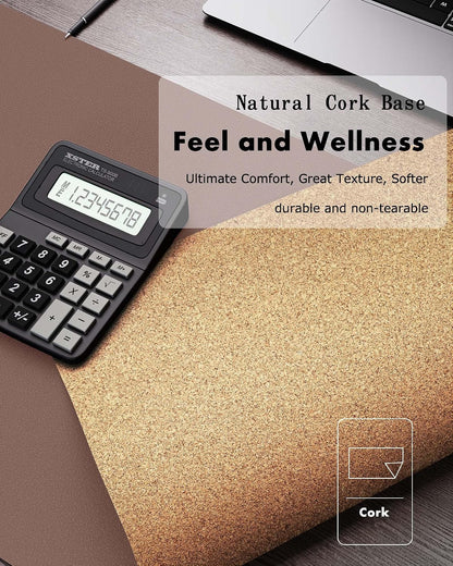 Double-Sided Desk Pad, 31.5"x15.7"Leather Desk Mat, Eco Cork Desk Pad Protector,Large Mouse Pad,Waterproof Desk Blotter for Office/Home(Coffee)