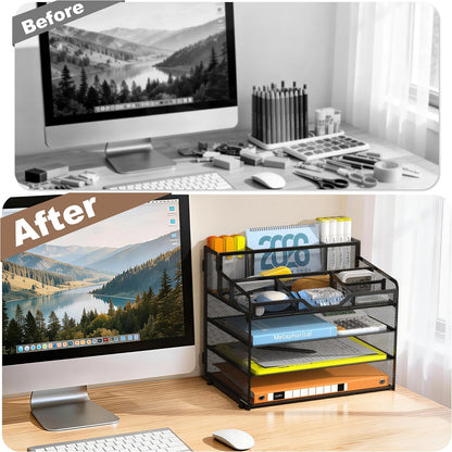 Docnest 5 Tier Mesh Desk Organizer for Paper Office Supplies – Multi-Functional Letter Tray with 5 Adjustable Compartments, 3 Pen Holders, Desktop Storage for Files, Mail, Stationery – Black