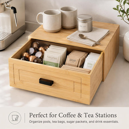 Kingrol Bamboo Storage Drawer, Stackable Single Drawer Organizer for Desk, Shelf, Closet, Entryway, Coffee Station, Vanity and Bathroom Counter, Natural Bamboo, 15 x 11.75 x 6.5 Inch