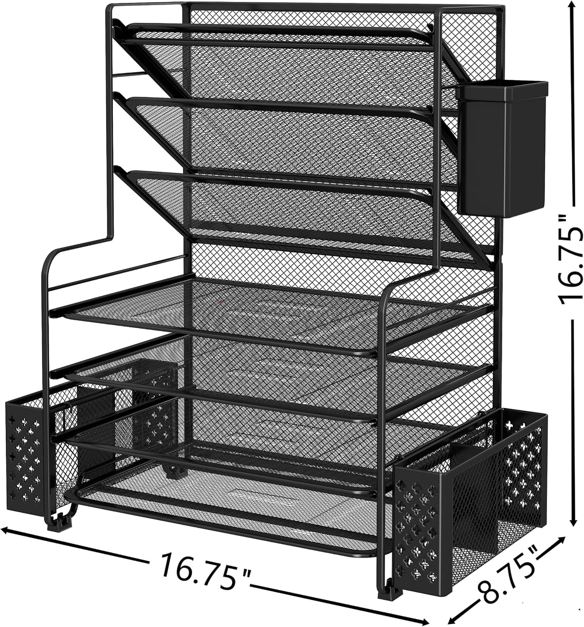 Simple Trending 7 Tier Desk File Organizer, Letter Tray Paper Organizer with Pen Holder and Metal Hanging Basket, Black
