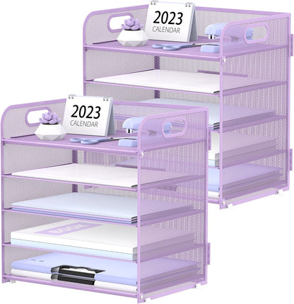 Supeasy 5 Trays Paper Organizer Letter Tray with Handle-Mesh Desk File Holders, Paper Sorter Desk Organizer for Office, Home, Classroom or School