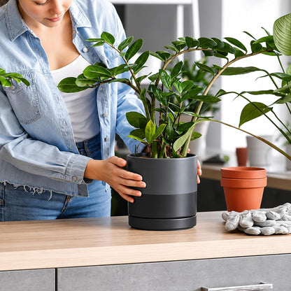 D'vine Dev 4.7 Inch Ceramic Planter Pot with Drainage Hole and Saucer, Indoor Cylinder Round Planter Pot, Teal, 94-O-B-9