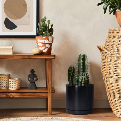 D'vine Dev 4.7 Inch Ceramic Planter Pot with Drainage Hole and Saucer, Indoor Cylinder Round Planter Pot, Teal, 94-O-B-9