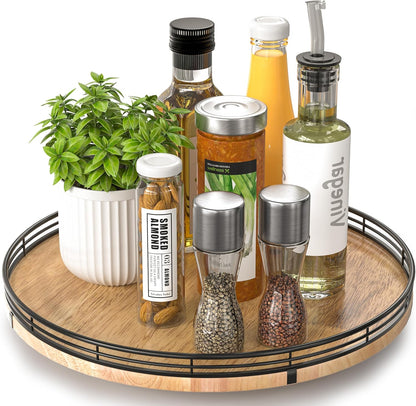 Farmhouse Oak 9" Lazy Susan Turntable Organizer for Cabinet, Round Wooden Lazy Susan Organization and Storage for Dining Table, Pantry, Kitchen, Countertop, Cupboard,Home Decor, Walnut Wood