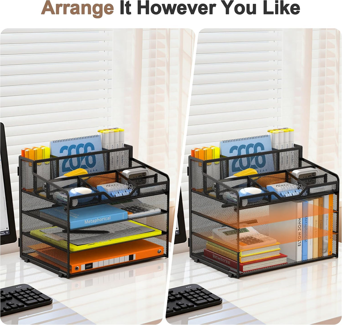 Docnest 5 Tier Mesh Desk Organizer for Paper Office Supplies – Multi-Functional Letter Tray with 5 Adjustable Compartments, 3 Pen Holders, Desktop Storage for Files, Mail, Stationery – Black