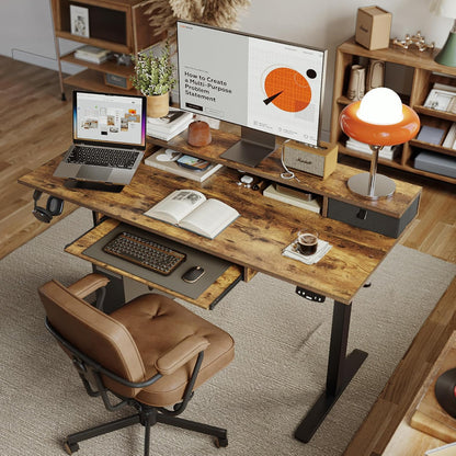 48 * 24 Inch Electric Standing Desk with Shelf & Led, Dark Walnut