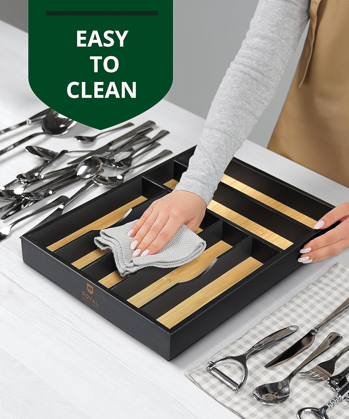 ROYAL CRAFT WOOD Luxury Bamboo Kitchen Drawer Organizer - Silverware Organizer, Utensil Holder & Cutlery Tray Drawer Dividers for Flatware (9 Slot, Natural)