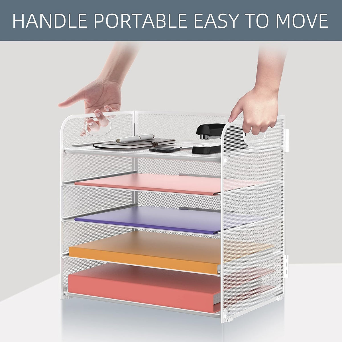Supeasy 5 Trays Paper Organizer Letter Tray with Handle-Mesh Desk File Holders, Paper Sorter Desk Organizer for Office, Home, Classroom or School