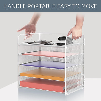 Supeasy 5 Trays Paper Organizer Letter Tray with Handle-Mesh Desk File Holders, Paper Sorter Desk Organizer for Office, Home, Classroom or School