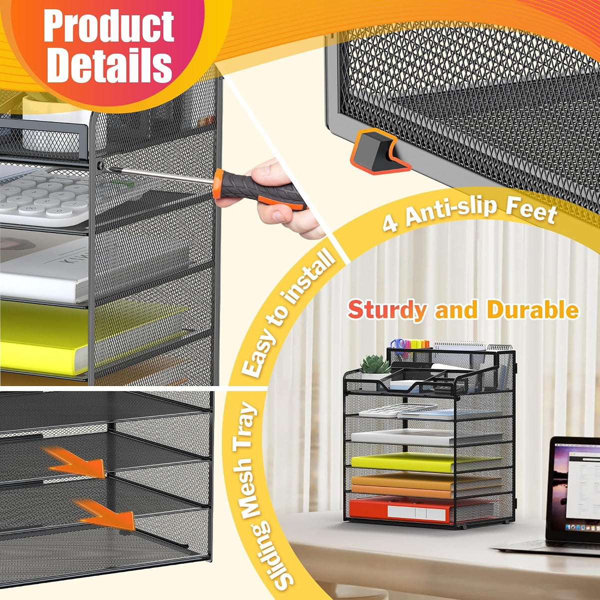 Docnest 5 Tier Mesh Desk Organizer for Paper Office Supplies – Multi-Functional Letter Tray with 5 Adjustable Compartments, 3 Pen Holders, Desktop Storage for Files, Mail, Stationery – Black