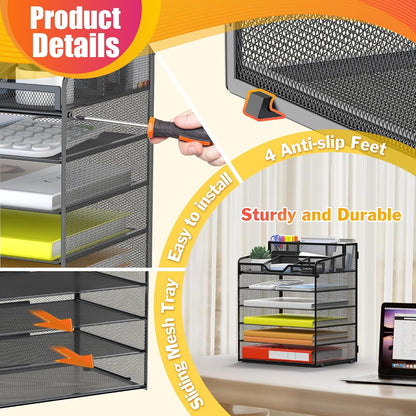 Docnest 5 Tier Mesh Desk Organizer for Paper Office Supplies – Multi-Functional Letter Tray with 5 Adjustable Compartments, 3 Pen Holders, Desktop Storage for Files, Mail, Stationery – Black