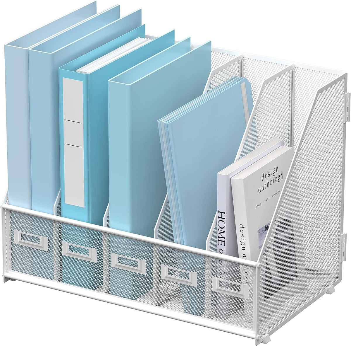 Desk Organizers Metal Desk Magazine File Holder with 5 Vertical Compartments Rack File Organizer for Office Desktop, Classroom, Home Workspace, Black