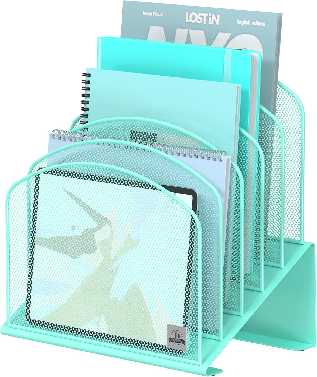 Delifox Inclined Desk File Organizer,Vertical File Folder Holder Stand Metal Rack File Sorter for Office Classroom Desktop Organization