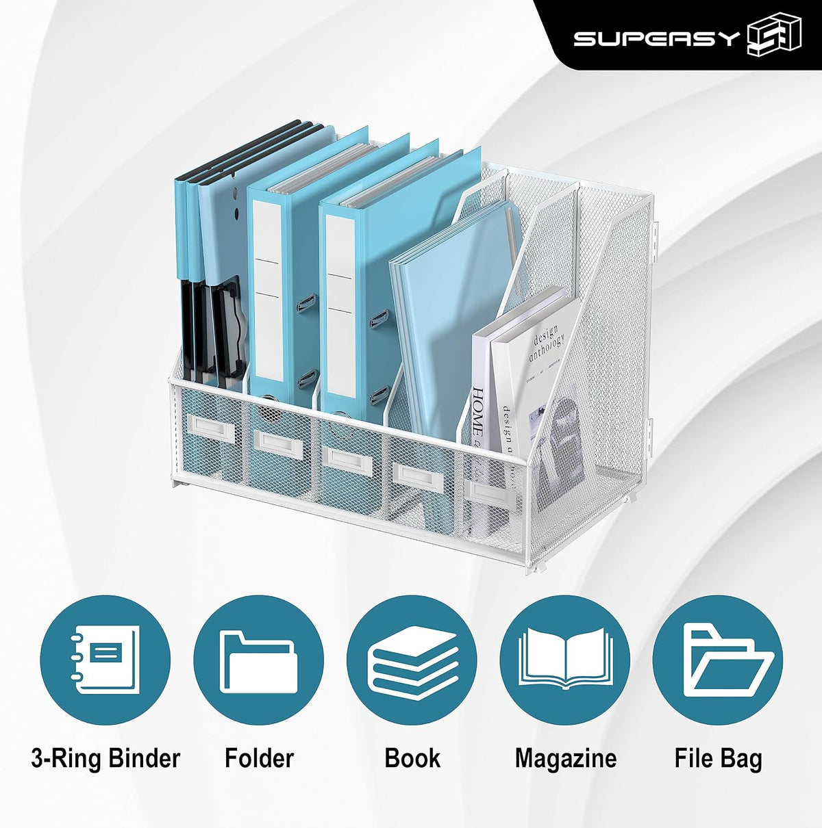 Desk Organizers Metal Desk Magazine File Holder with 5 Vertical Compartments Rack File Organizer for Office Desktop, Classroom, Home Workspace, Black