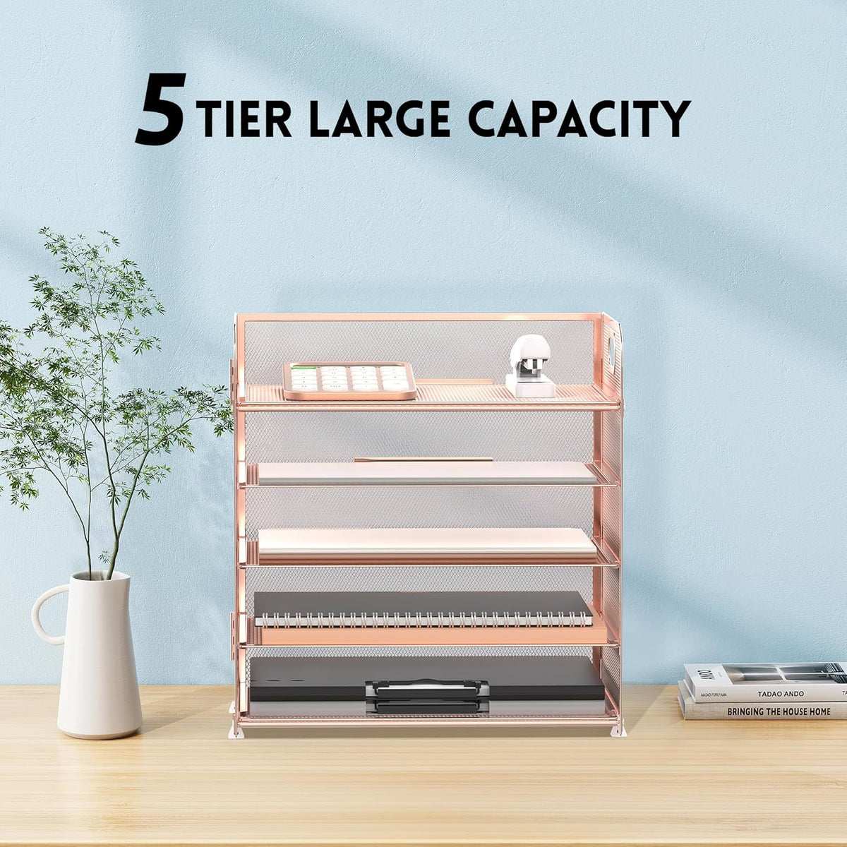 Supeasy 5 Trays Paper Organizer Letter Tray with Handle-Mesh Desk File Holders, Paper Sorter Desk Organizer for Office, Home, Classroom or School