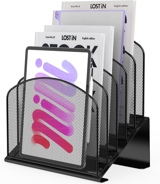 Inclined Desk File Organizer Metal Desk Magazine Folder Holder with 8-Section Vertical Compartments Rack File Organizer for Office, Home, School, Black