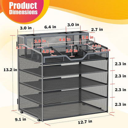 Docnest 5 Tier Mesh Desk Organizer for Paper Office Supplies – Multi-Functional Letter Tray with 5 Adjustable Compartments, 3 Pen Holders, Desktop Storage for Files, Mail, Stationery – Black