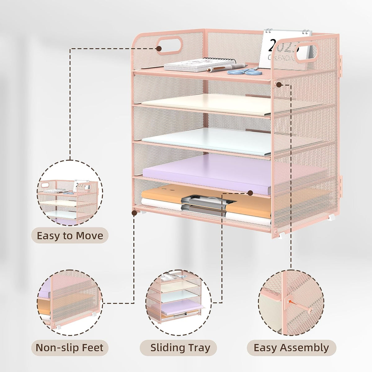 Supeasy 5 Trays Paper Organizer Letter Tray with Handle-Mesh Desk File Holders, Paper Sorter Desk Organizer for Office, Home, Classroom or School