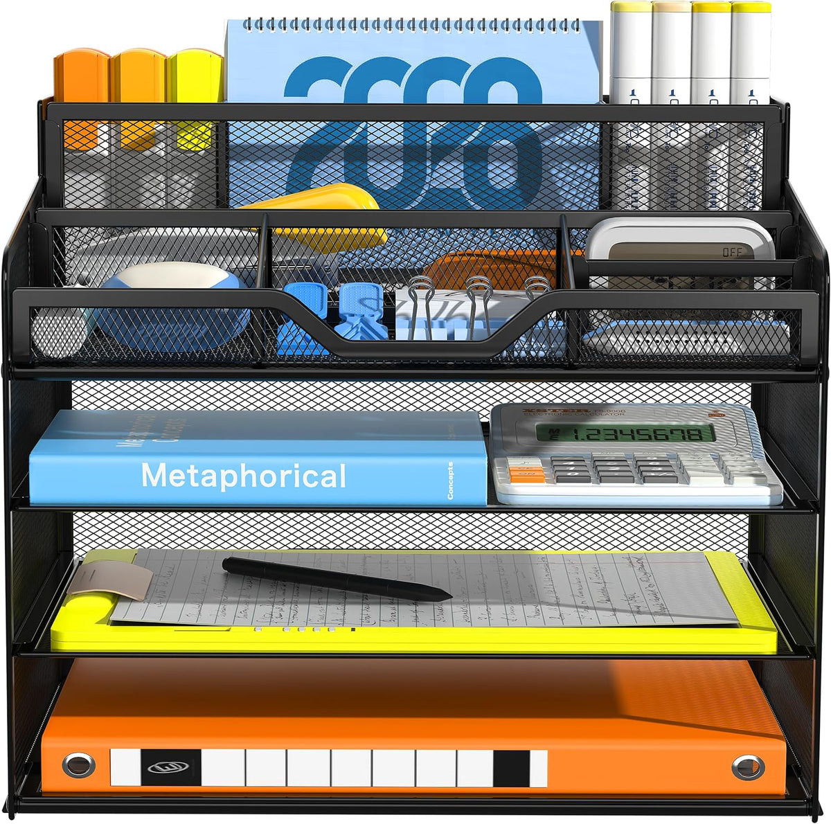 Docnest 5 Tier Mesh Desk Organizer for Paper Office Supplies – Multi-Functional Letter Tray with 5 Adjustable Compartments, 3 Pen Holders, Desktop Storage for Files, Mail, Stationery – Black