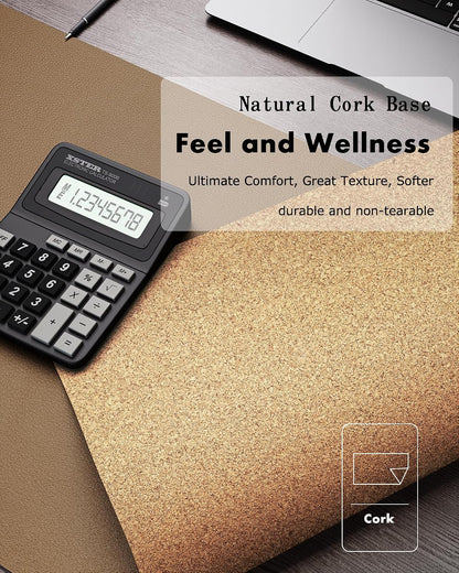 Double-Sided Desk Pad, 31.5"x15.7"Leather Desk Mat, Eco Cork Desk Pad Protector,Large Mouse Pad,Waterproof Desk Blotter for Office/Home(Coffee)