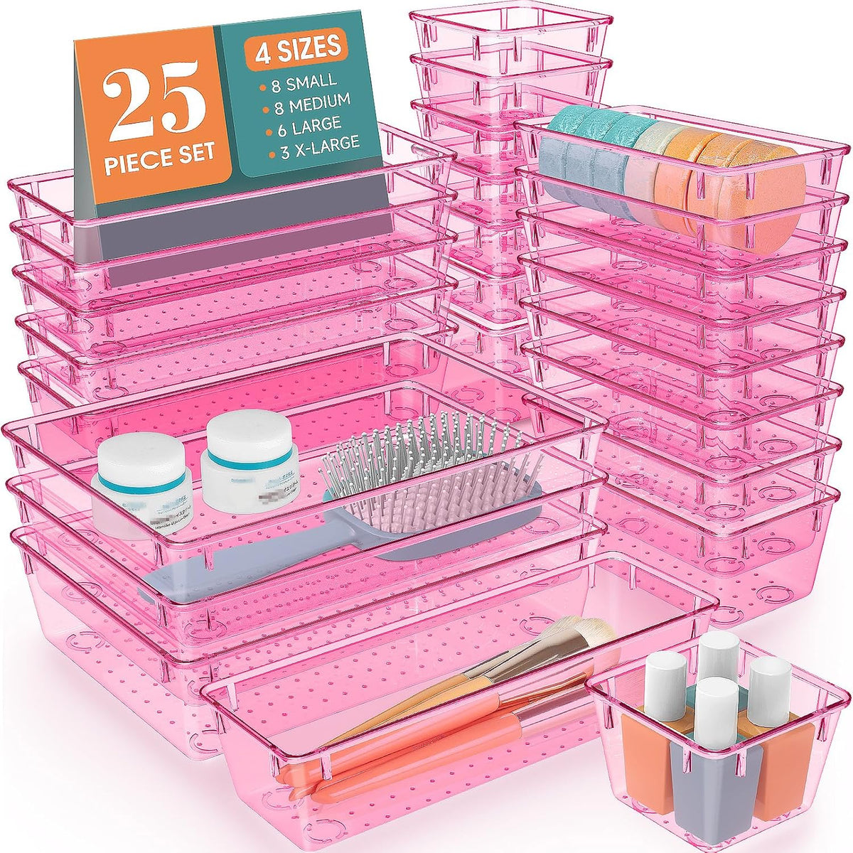 WOWBOX 25 PCS Clear Plastic Drawer Organizer Set, 4 Sizes Desk Drawer Divider Organizers and Storage Bins for Makeup, Jewelry, Gadgets for Kitchen, Bedroom, Bathroom, Office