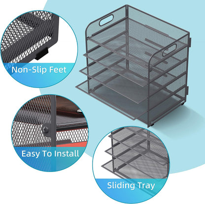 Supeasy 5 Trays Paper Organizer Letter Tray with Handle-Mesh Desk File Holders, Paper Sorter Desk Organizer for Office, Home, Classroom or School