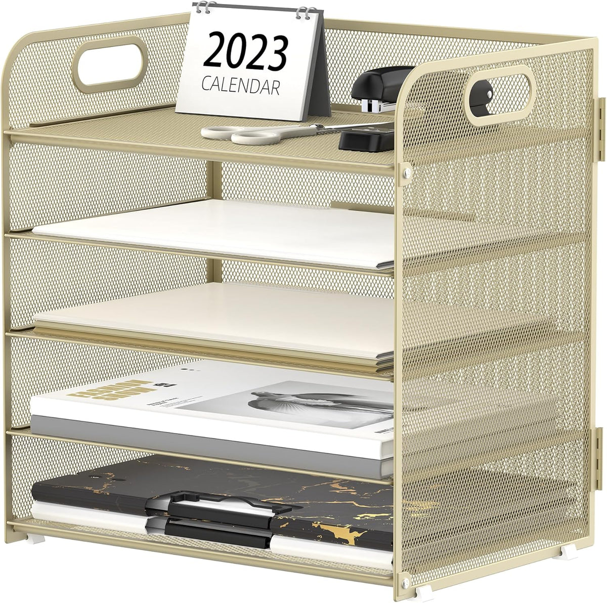 Supeasy 5 Trays Paper Organizer Letter Tray with Handle-Mesh Desk File Holders, Paper Sorter Desk Organizer for Office, Home, Classroom or School