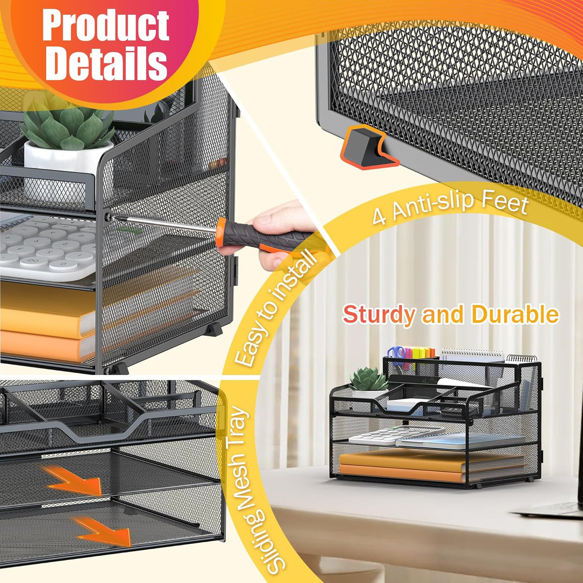 Docnest 5 Tier Mesh Desk Organizer for Paper Office Supplies – Multi-Functional Letter Tray with 5 Adjustable Compartments, 3 Pen Holders, Desktop Storage for Files, Mail, Stationery – Black