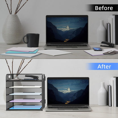 Supeasy 5 Trays Paper Organizer Letter Tray with Handle-Mesh Desk File Holders, Paper Sorter Desk Organizer for Office, Home, Classroom or School