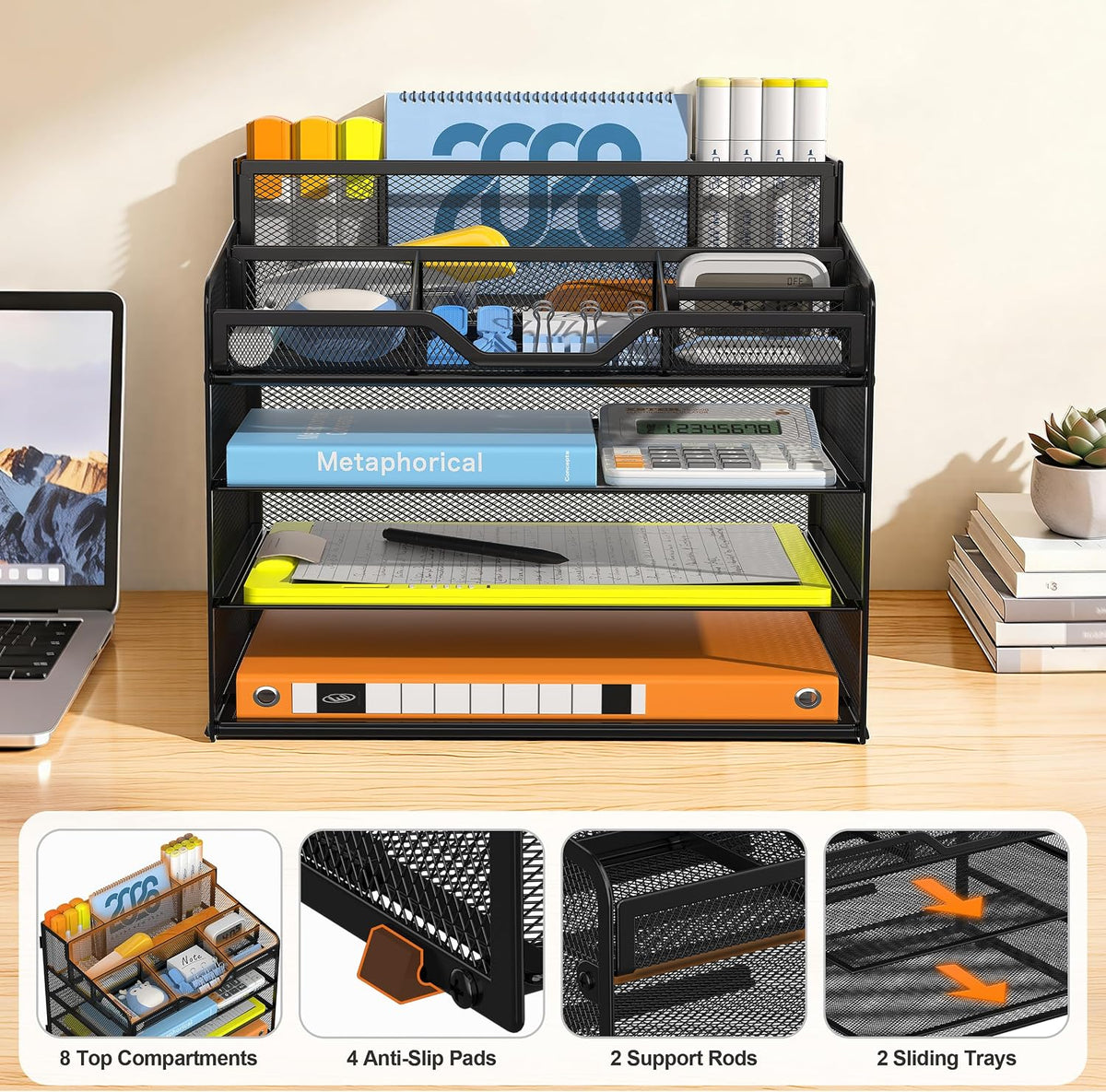 Docnest 5 Tier Mesh Desk Organizer for Paper Office Supplies – Multi-Functional Letter Tray with 5 Adjustable Compartments, 3 Pen Holders, Desktop Storage for Files, Mail, Stationery – Black