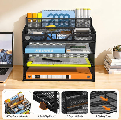 Docnest 5 Tier Mesh Desk Organizer for Paper Office Supplies – Multi-Functional Letter Tray with 5 Adjustable Compartments, 3 Pen Holders, Desktop Storage for Files, Mail, Stationery – Black