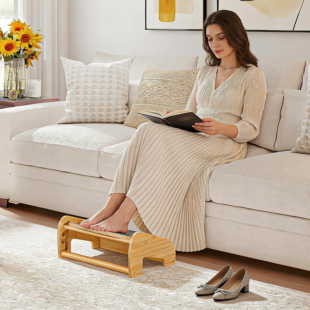 Upgraded Under Desk footrest- Bamboo Ergonomic Adjustable Footrest with 3 Height & Angle Settings,Pebble Massage Surface for Improved Posture and Blood Circulation,Home & Office