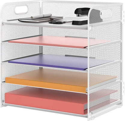 Supeasy 5 Trays Paper Organizer Letter Tray with Handle-Mesh Desk File Holders, Paper Sorter Desk Organizer for Office, Home, Classroom or School