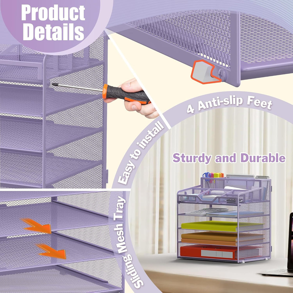 Docnest 5 Tier Mesh Desk Organizer for Paper Office Supplies – Multi-Functional Letter Tray with 5 Adjustable Compartments, 3 Pen Holders, Desktop Storage for Files, Mail, Stationery – Black