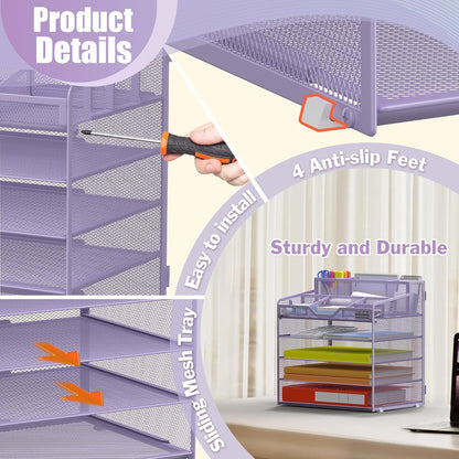 Docnest 5 Tier Mesh Desk Organizer for Paper Office Supplies – Multi-Functional Letter Tray with 5 Adjustable Compartments, 3 Pen Holders, Desktop Storage for Files, Mail, Stationery – Black