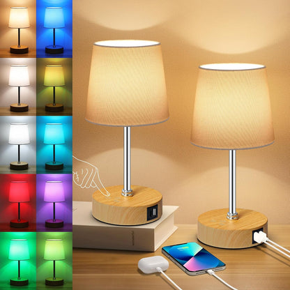 Ascher Small Bedside Table lamp, RGB Color Changing Lamps, 3 Color Temperatures, Dimmable Nightstand Lamp with USB C+A Ports, Touch Desk Lamp for Bedroom Living Room, H11.4in(Flaxen Shade)