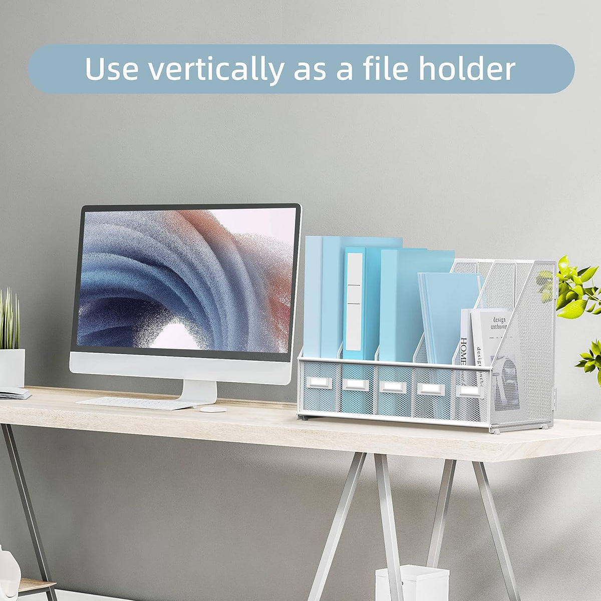 Desk Organizers Metal Desk Magazine File Holder with 5 Vertical Compartments Rack File Organizer for Office Desktop, Classroom, Home Workspace, Black