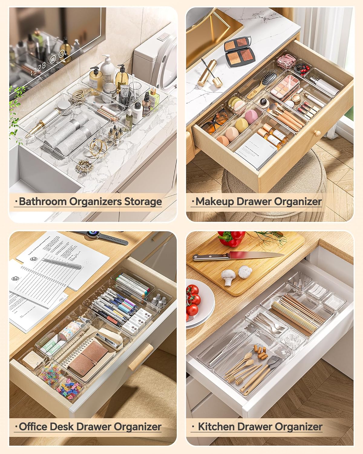 KEMETHY 25 PCS Plastic Drawer Organizers Set, 4 Sizes Vanity Organizer, Makeup and Desk Drawer Organizer Trays, Organization and Storage for Makeup, Bathroom, Kitchen Utensils and Office (Black)