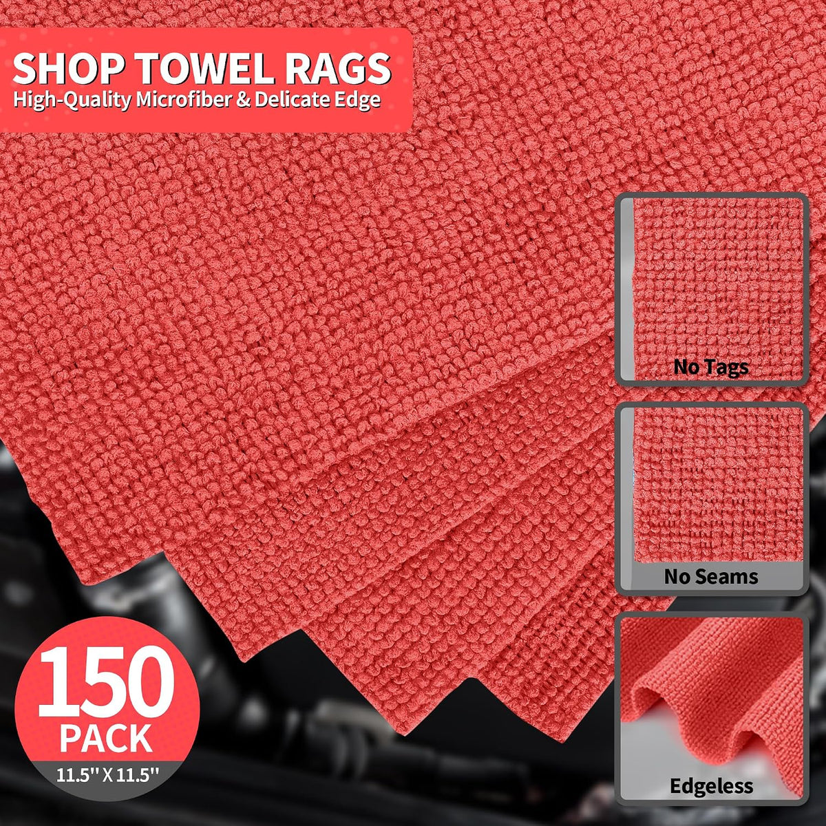 Microfiber Cleaning Cloth, Cleaning Rags Microfiber Towel Bulk Absorbent Lint-Free Wash Cloths, All-Purpose Shop Towels for Cars, Automotive, Garage, Home & Kitchen 11.5"*11.5"
