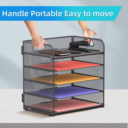 Supeasy 5 Trays Paper Organizer Letter Tray with Handle-Mesh Desk File Holders, Paper Sorter Desk Organizer for Office, Home, Classroom or School