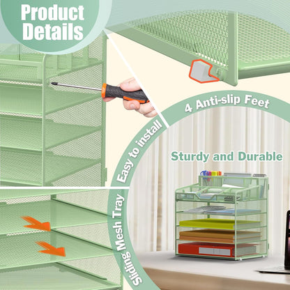 Docnest 5 Tier Mesh Desk Organizer for Paper Office Supplies – Multi-Functional Letter Tray with 5 Adjustable Compartments, 3 Pen Holders, Desktop Storage for Files, Mail, Stationery – Black