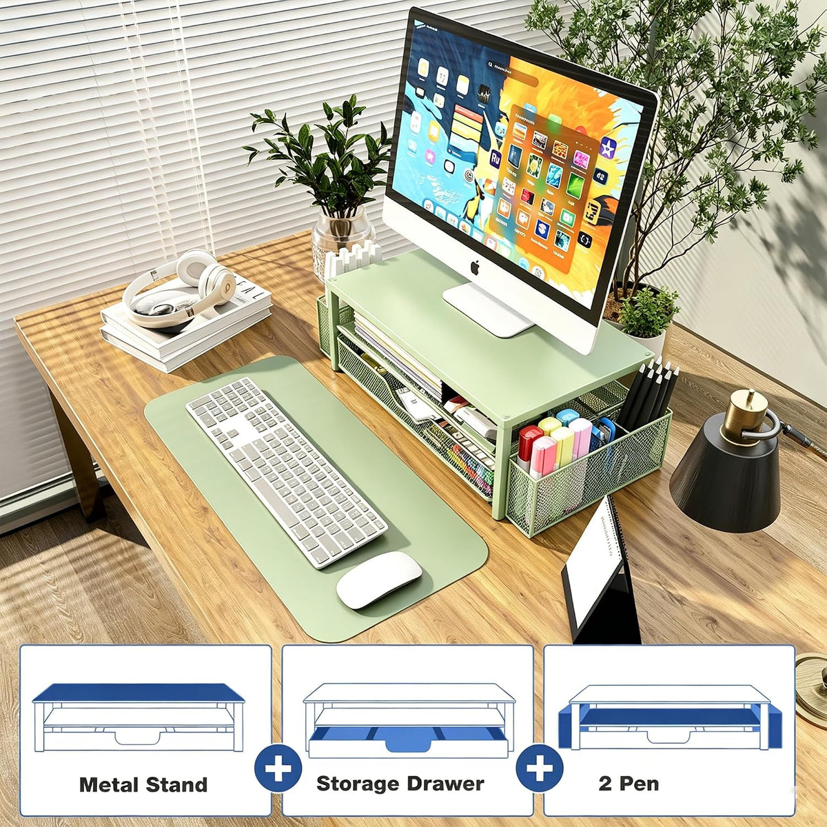 Desk Organizers and Accessories, Computer Monitor Stand Riser with Drawer and 2 Pen Holders, Printer & Laptop Stand, Office Desk Accessories & Workspace Organizers for Home Office Supplies, Black