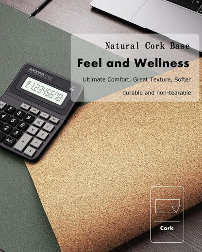 Double-Sided Desk Pad, 31.5"x15.7"Leather Desk Mat, Eco Cork Desk Pad Protector,Large Mouse Pad,Waterproof Desk Blotter for Office/Home(Coffee)