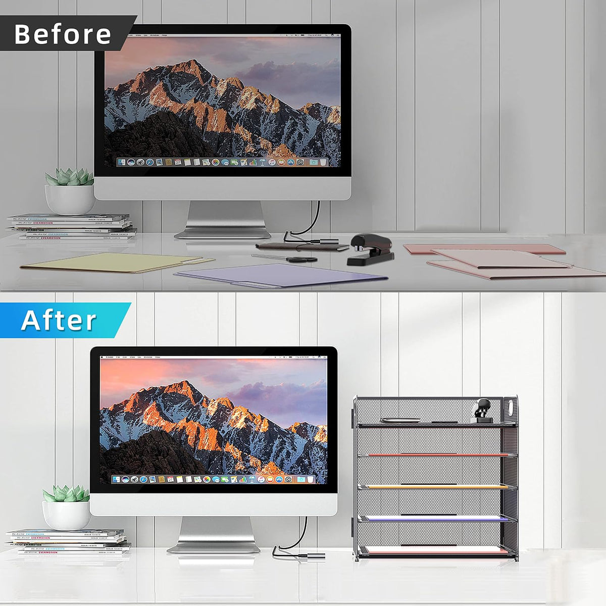 Supeasy 5 Trays Paper Organizer Letter Tray with Handle-Mesh Desk File Holders, Paper Sorter Desk Organizer for Office, Home, Classroom or School